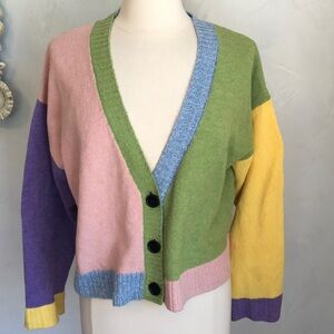 Vigoss Color block Cardigan in Green,Blue,yellow & pink w/Bishop sleeves Size L